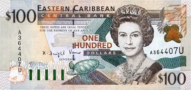 Купюра номиналом 100 восточнокарибских долларов, лицевая сторона